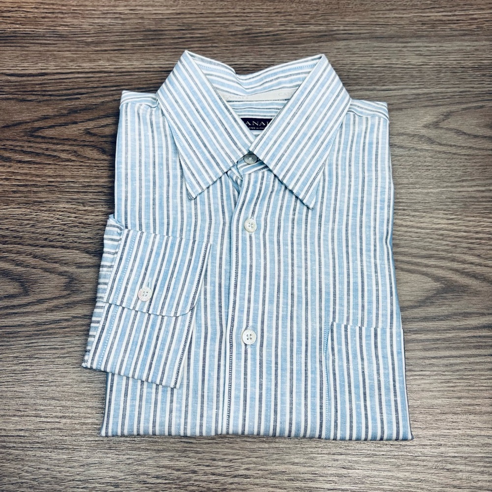 Canali Blue, White & Navy Stripe Linen Shirt L - Picture 1 of 5